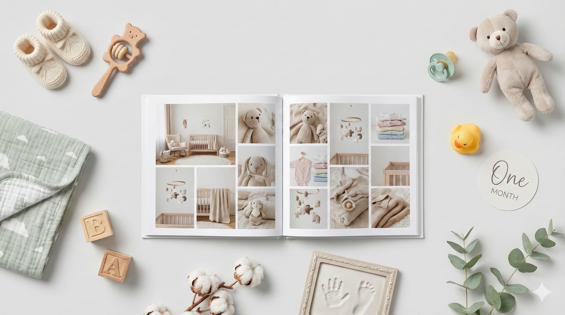 Álbum de fotos de bebé abierto con fotos de sus primeros meses