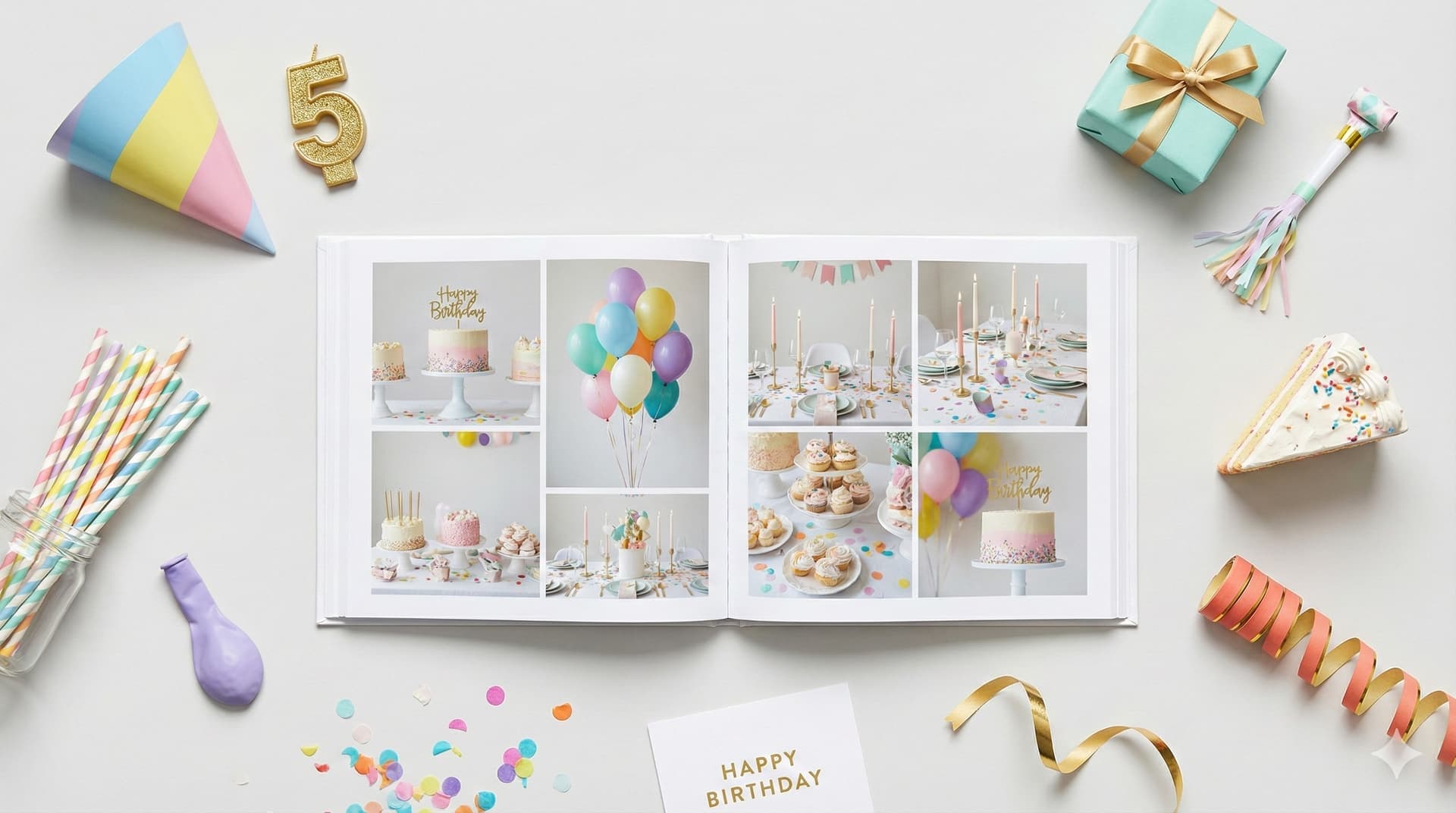 Álbum de fotos personalizado abierto en una celebración de cumpleaños